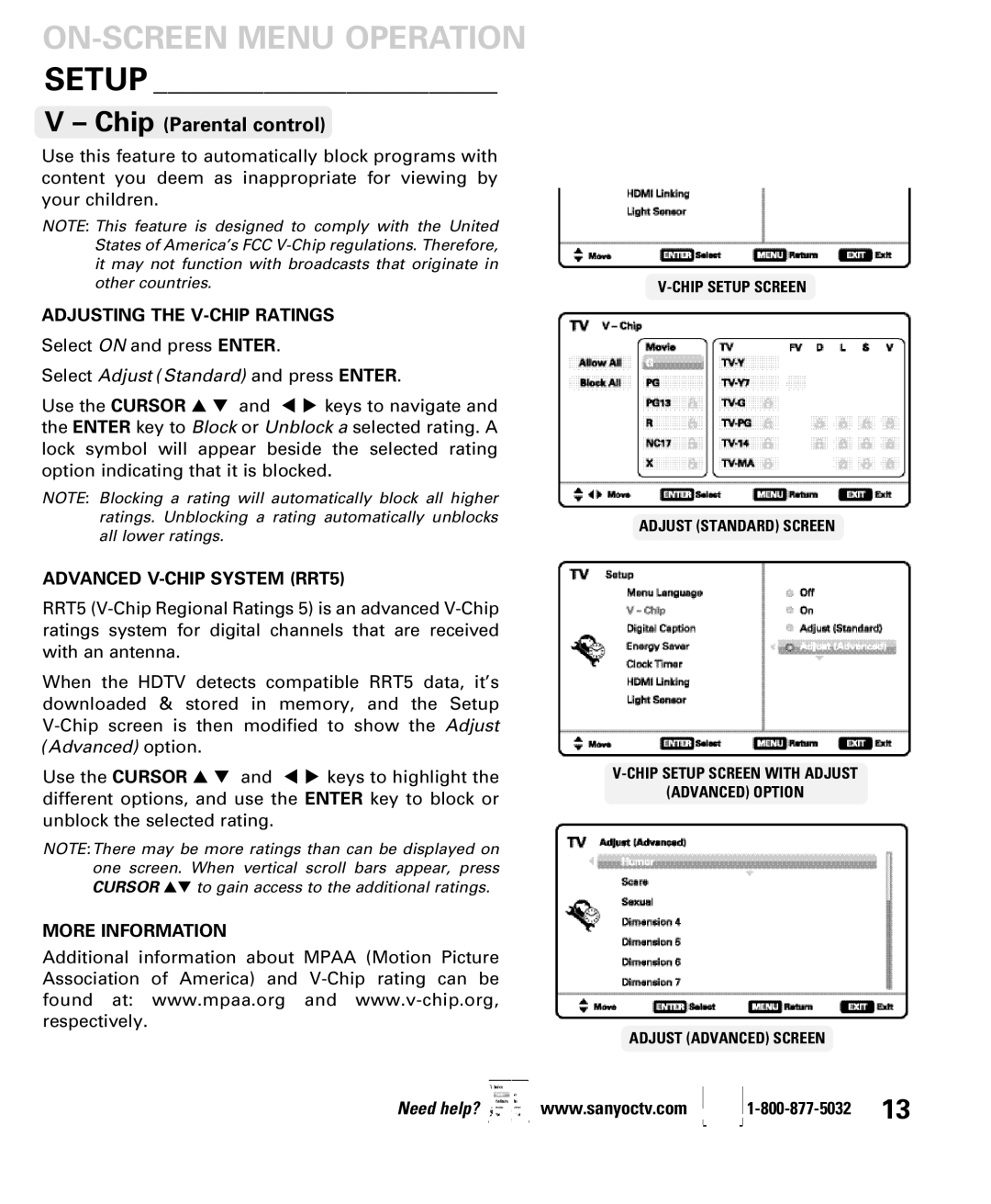 Sanyo DP46840, DP42840 manual Adjusting the V-CHIP Ratings, Advanced V-CHIP System RRT5, More Information 