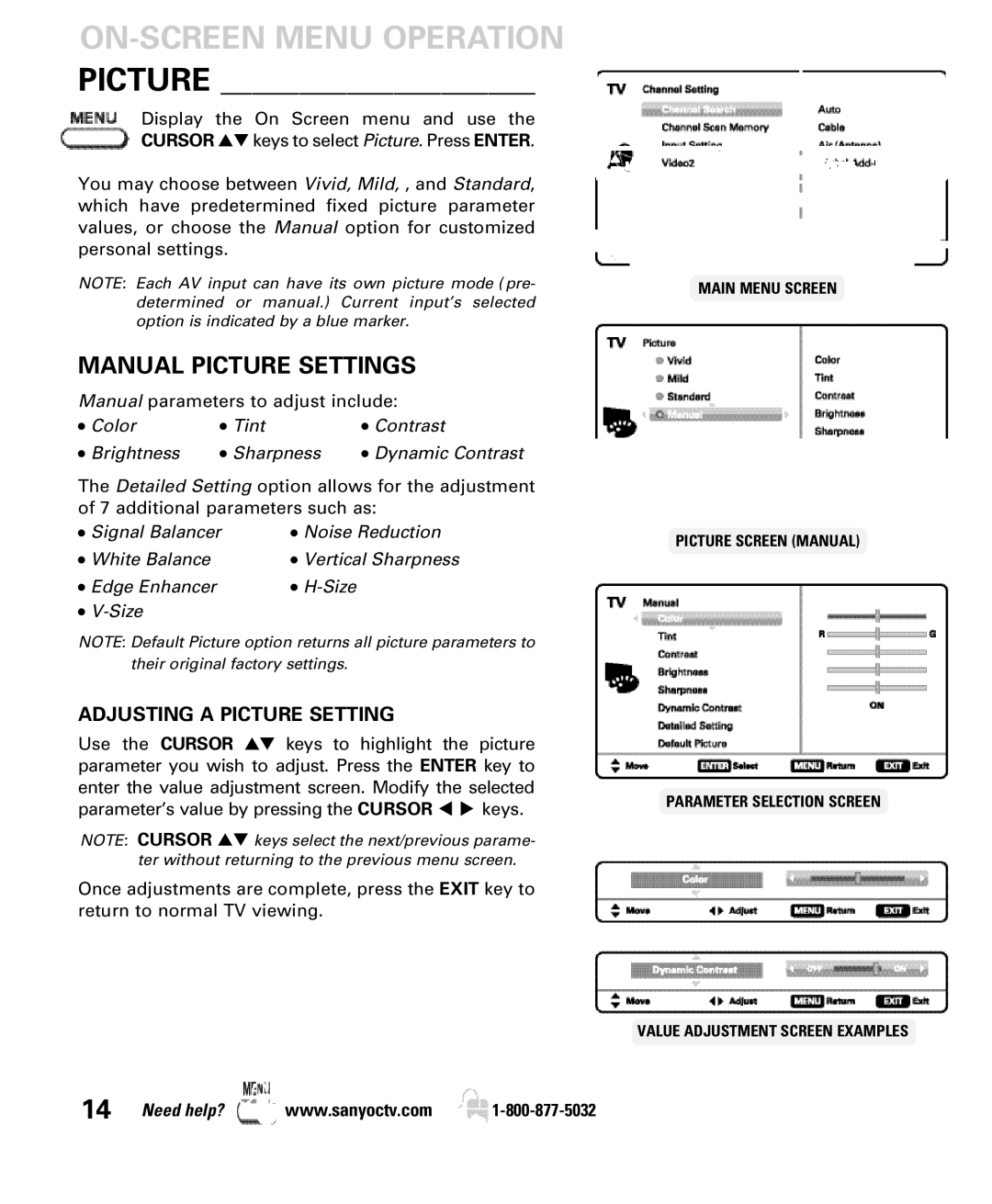 Sanyo DP42840, DP46840 manual Manual Picture Settings, Adjusting a Picture Setting 