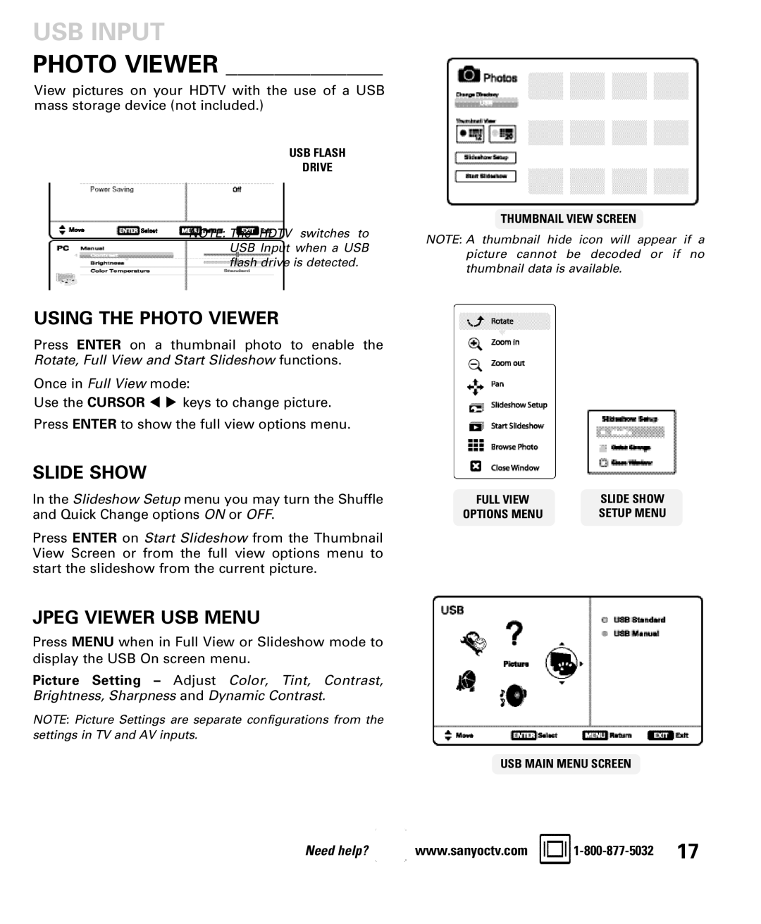 Sanyo DP46840, DP42840 manual USB Input, Using the Photo Viewer, Slide Show, Jpeg Viewer USB Menu 