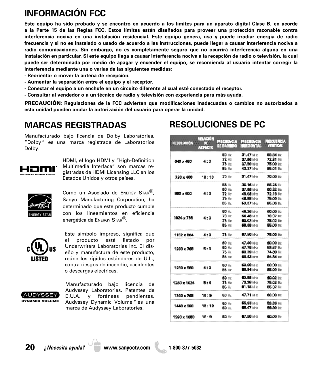 Sanyo DP42840, DP46840 manual Información FCC, Marcas Registradas 