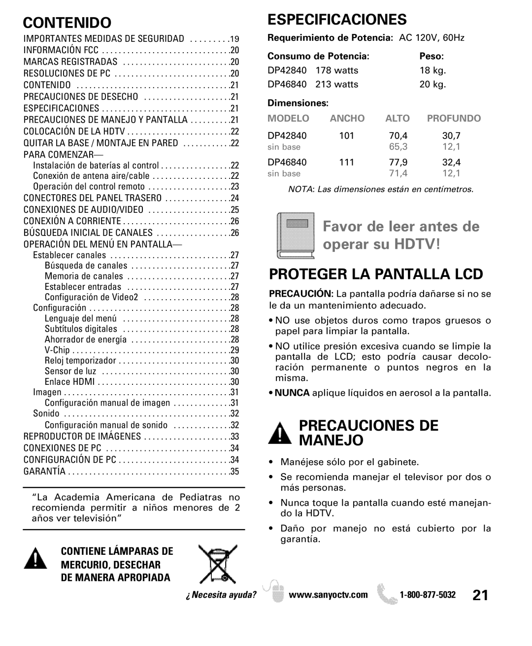 Sanyo DP46840, DP42840 manual Contenido, Especificaciones, Proteger LA Pantalla LCD, Precauciones DE Manejo 