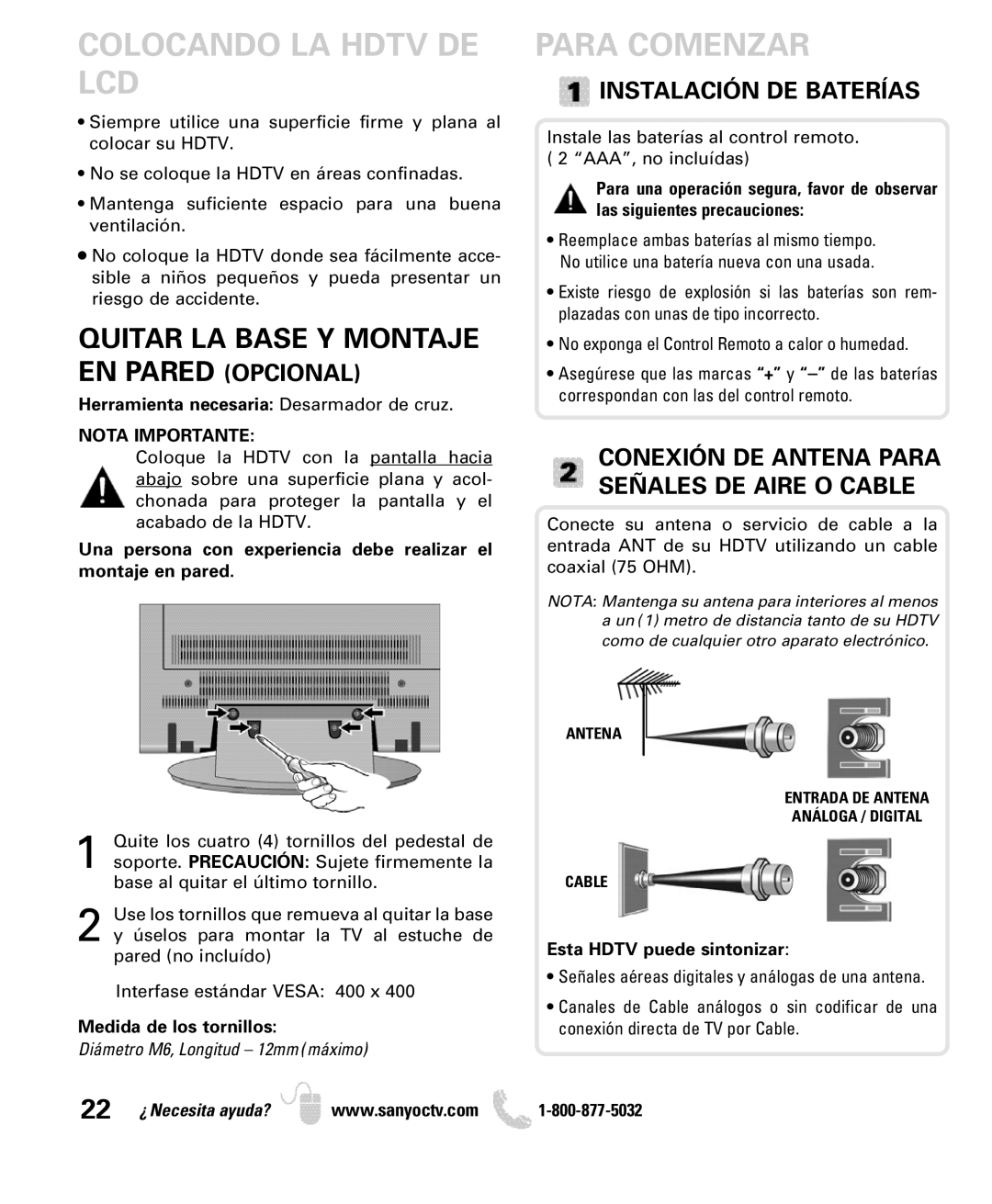 Sanyo DP42840, DP46840 manual Colocando LA Hdtv DE LCD, Para Comenzar, Instalación DE Baterías, Nota Importante 