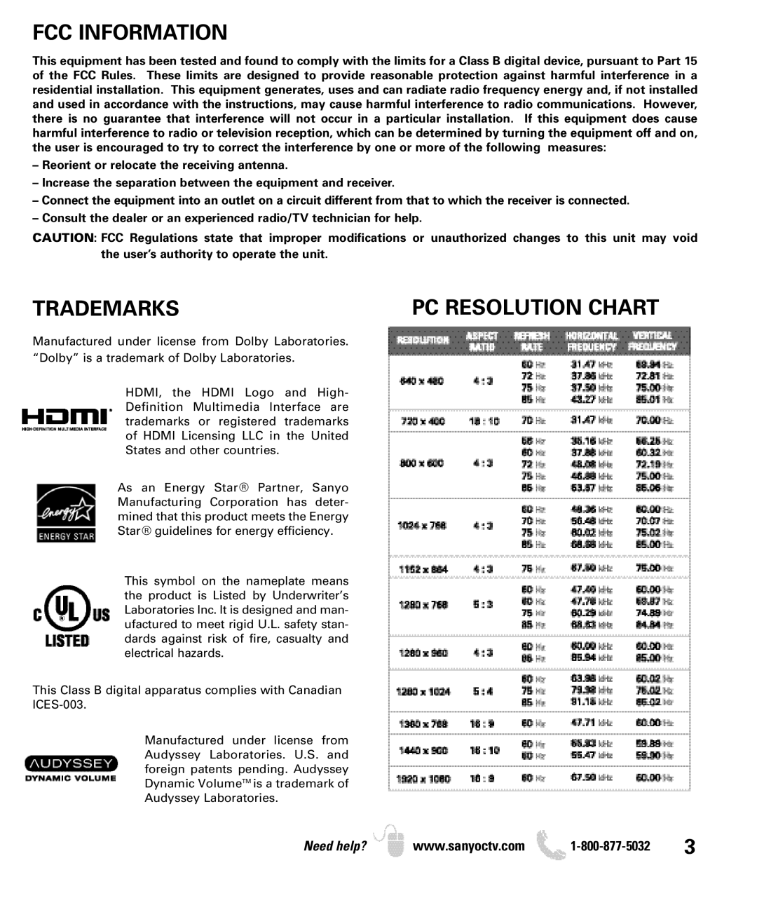 Sanyo DP46840, DP42840 manual FCC Information, Trademarks 