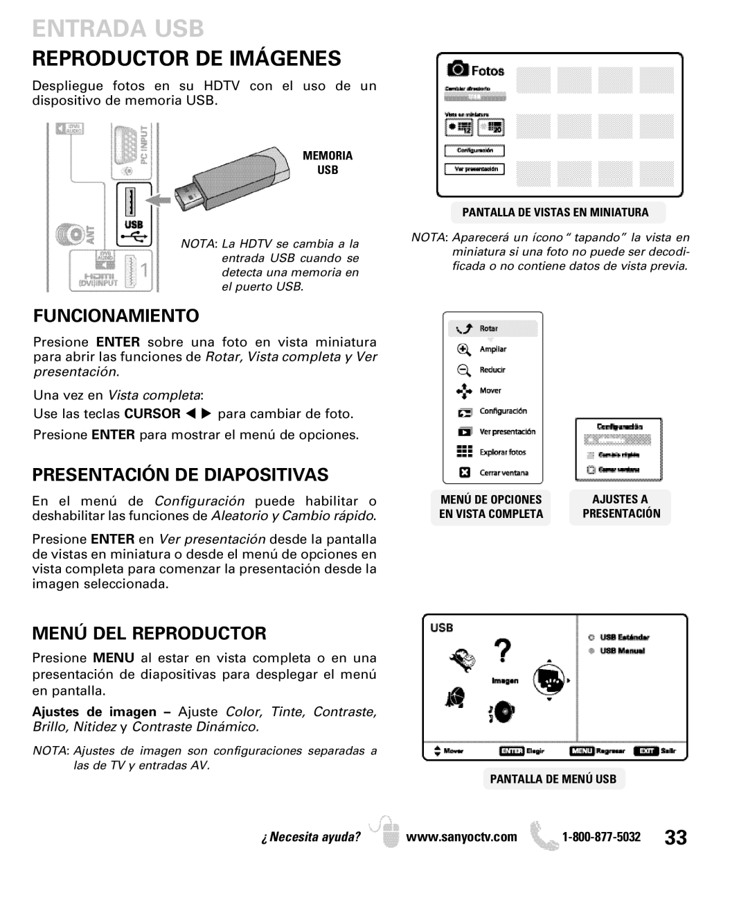 Sanyo DP46840 Entrada USB, Reproductor DE Imágenes, Funcionamiento, Presentación DE Diapositivas, Menú DEL Reproductor 