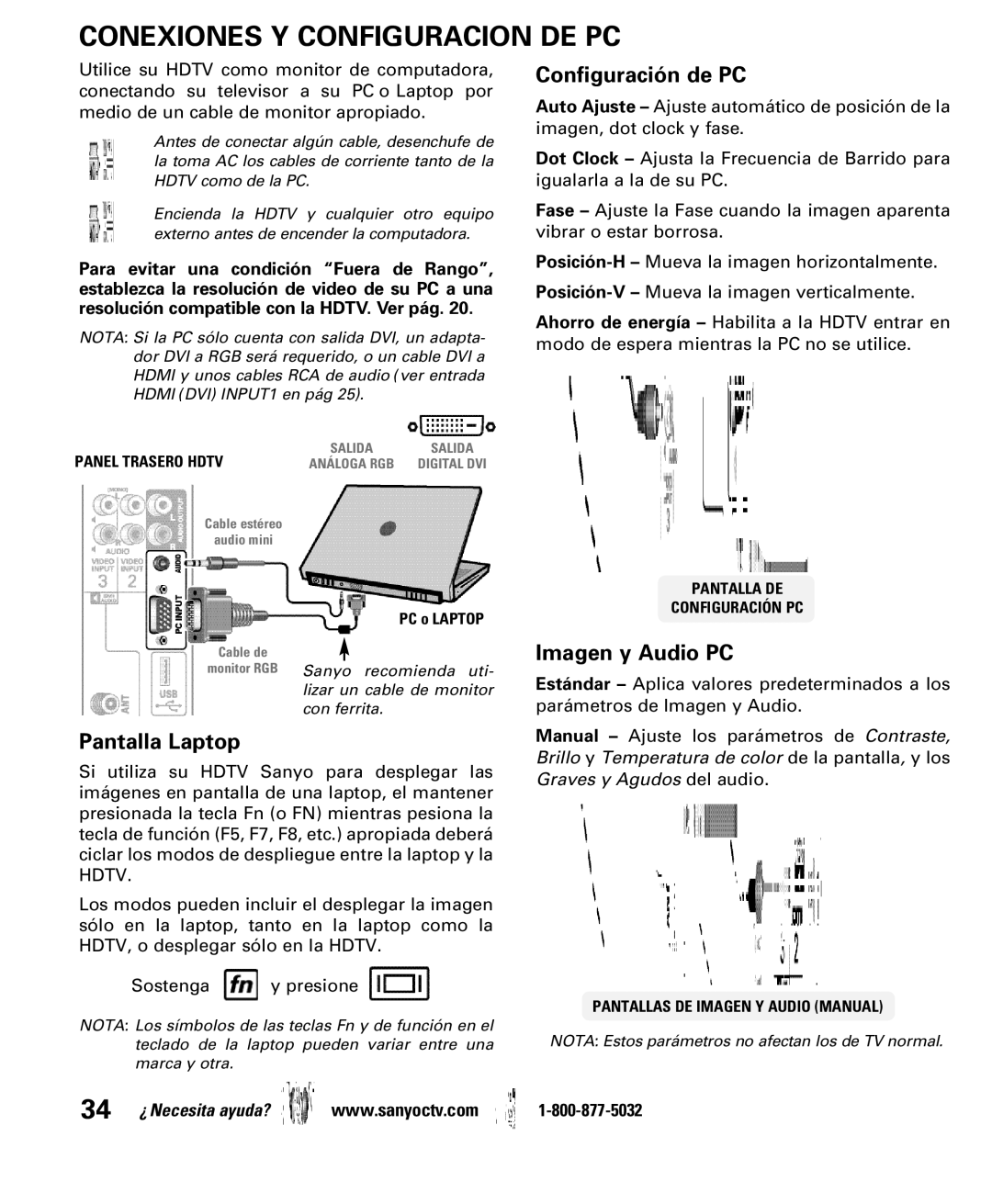 Sanyo DP42840, DP46840 manual Conexiones Y Configuracion DE PC, Configuración de PC 