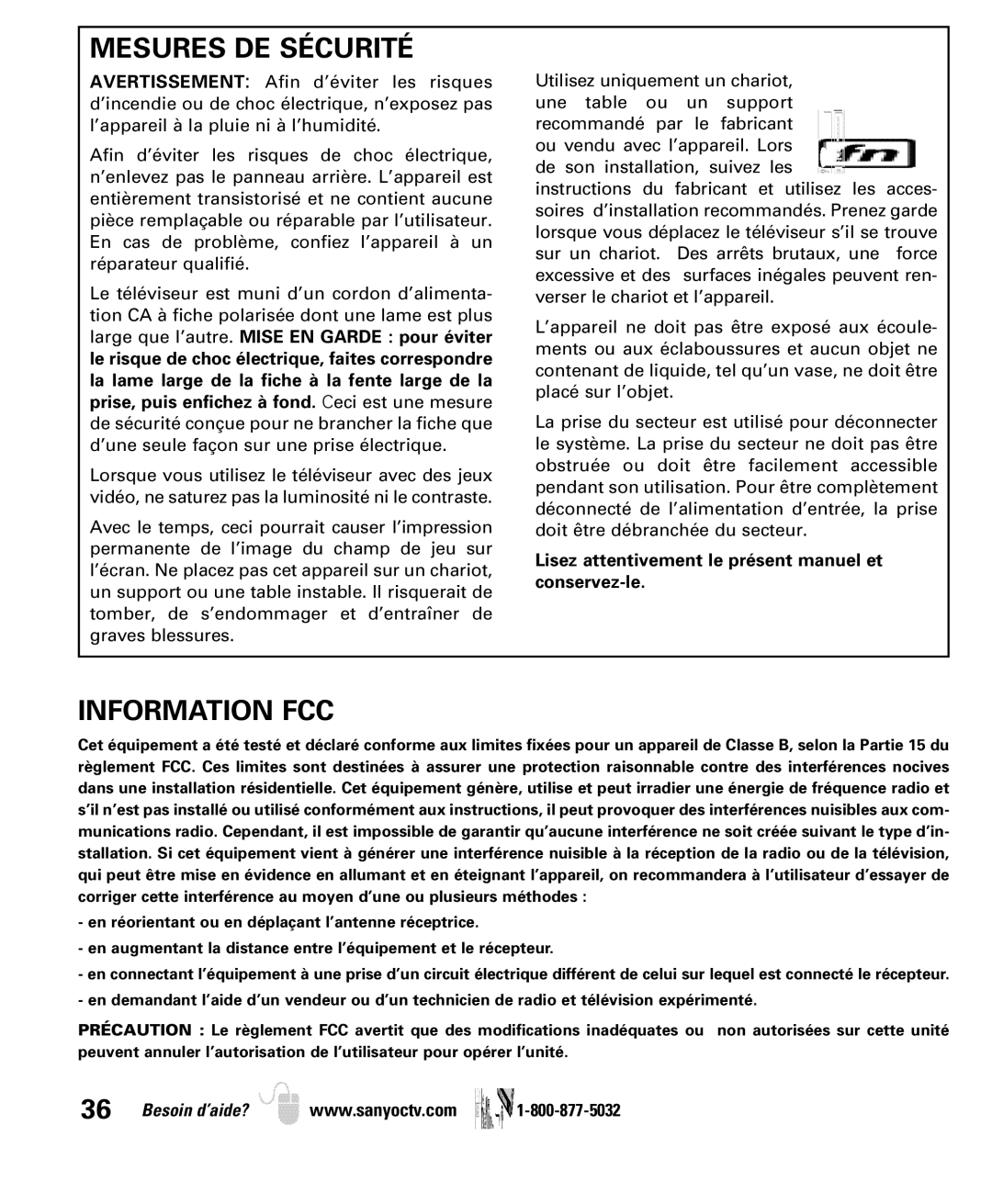 Sanyo DP42840, DP46840 manual Mesures DE Sécurité, Information FCC, Lisez attentivement le présent manuel et conservez-le 