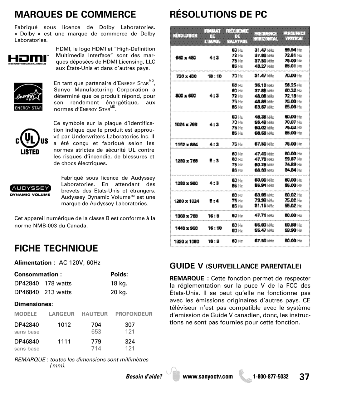 Sanyo DP46840, DP42840 manual Marques DE Commerce, Fiche Technique, Guide V Surveillance Parentale 