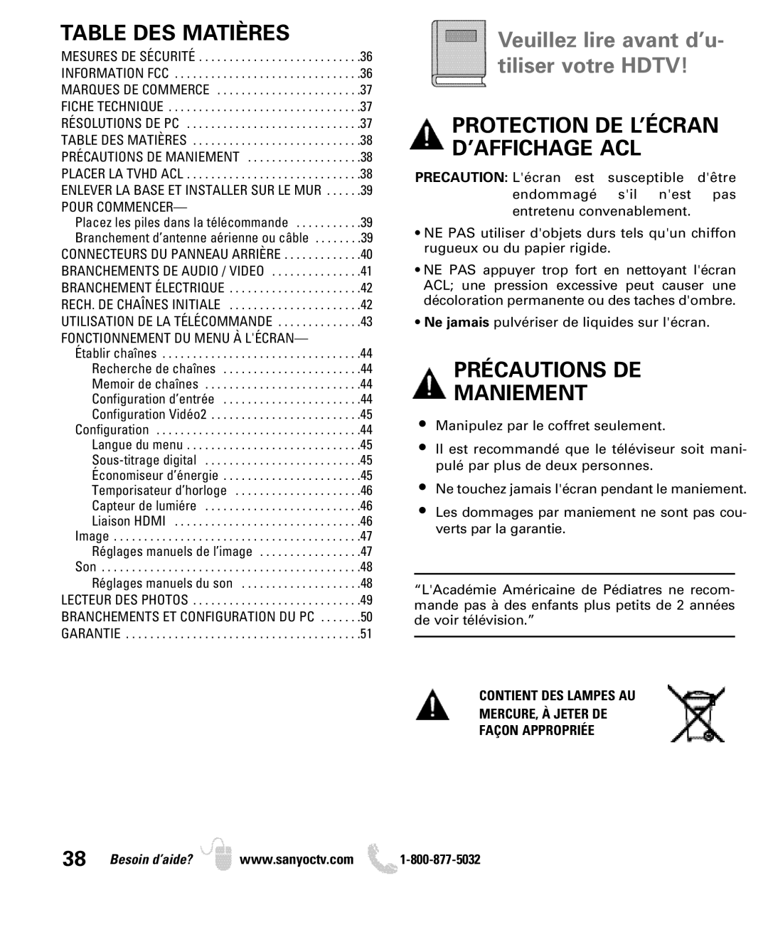 Sanyo DP42840, DP46840 manual Table DES Matières, Pour Commencer 