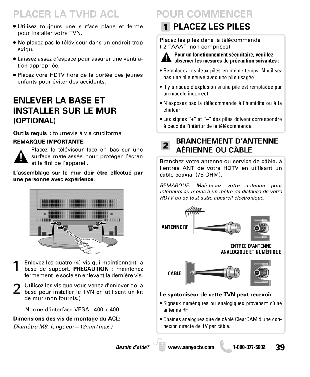 Sanyo DP46840 Placer LA Tvhd ACL, Pour Commencer, Placez LES Piles, Optional, Branchement D’ANTENNE Aérienne OU Câble 