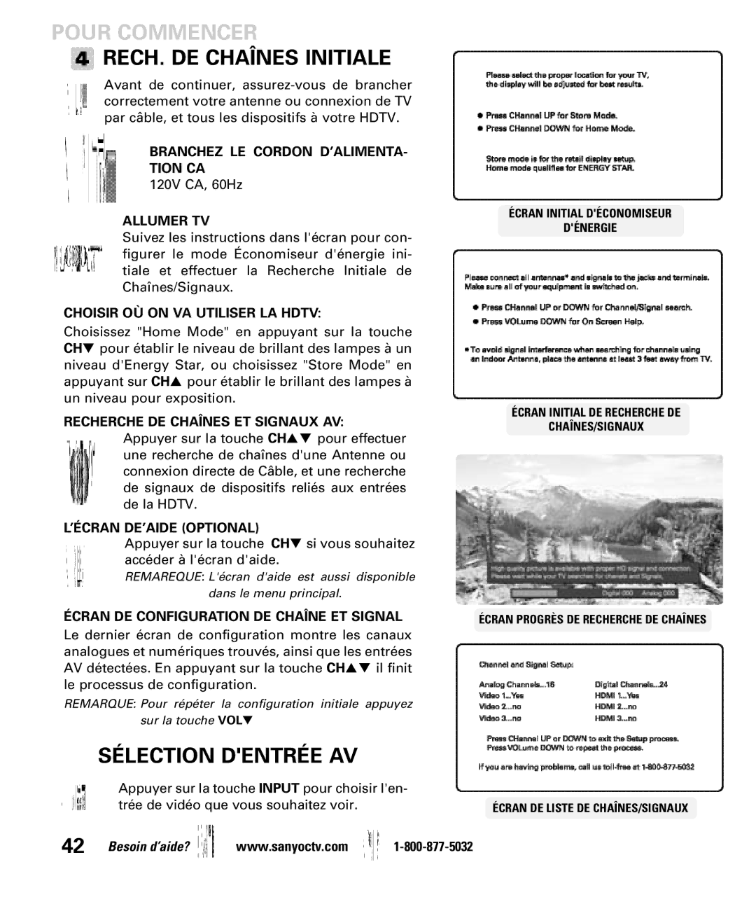 Sanyo DP42840, DP46840 manual RECH. DE Chaînes Initiale, Sélection Dentrée AV 