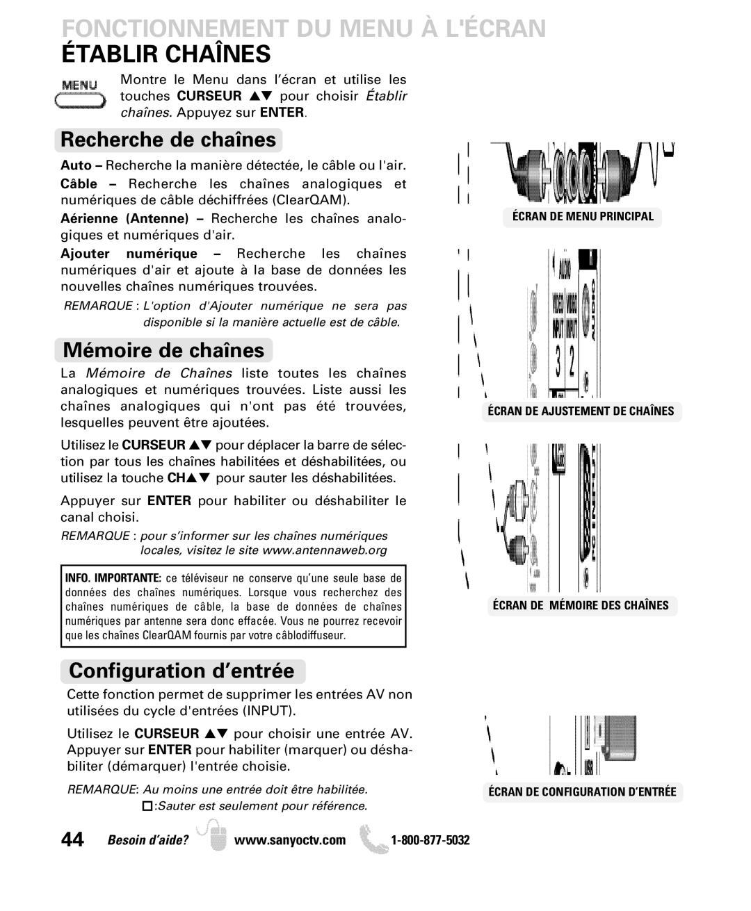 Sanyo DP42840, DP46840 manual Fonctionnement DU Menu À Lécran Établir Chaînes, Recherche de chaînes, Mémoire de chaînes 