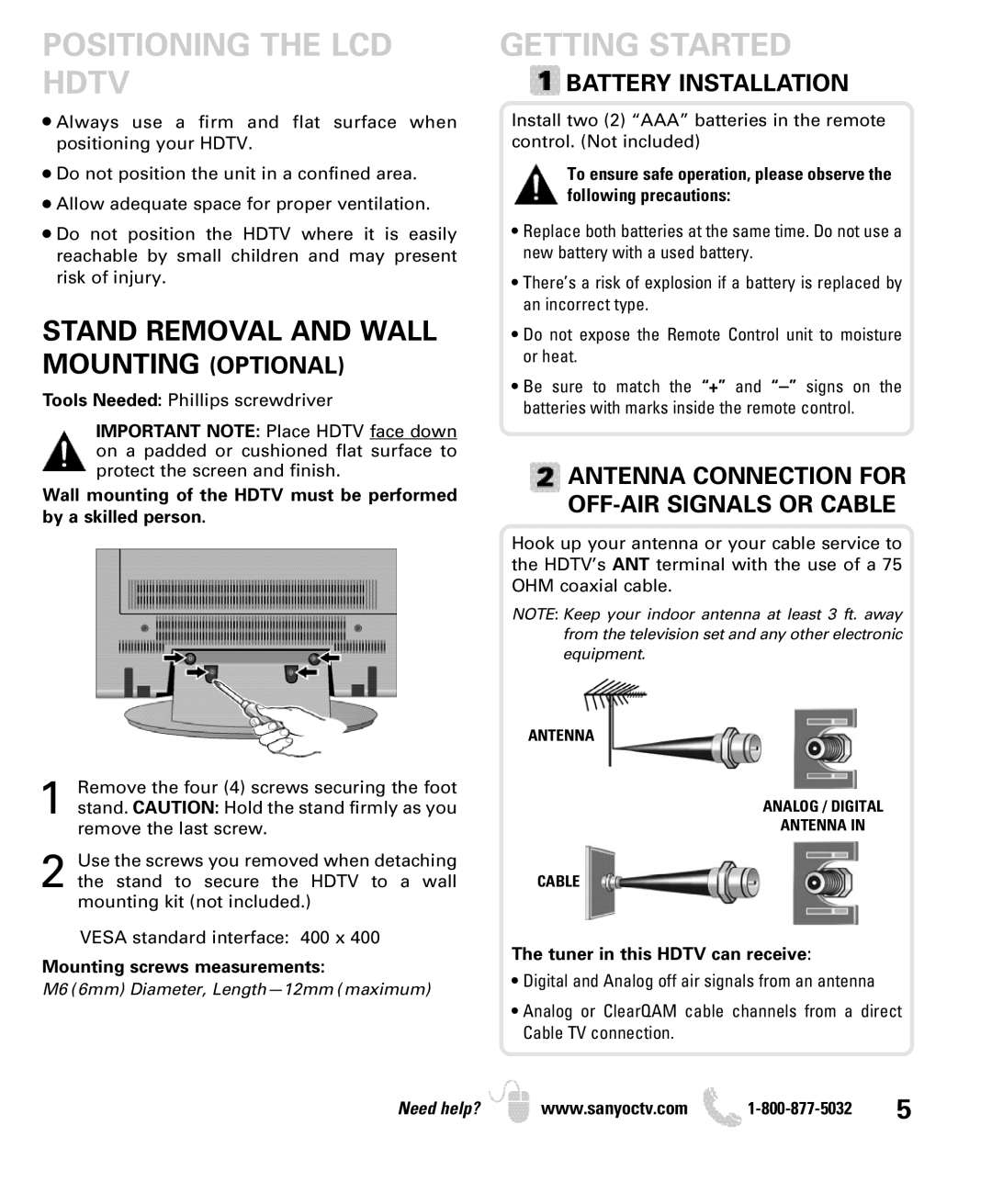 Sanyo DP46840 Positioning the LCD Hdtv, Getting Started, Stand Removal and Wall Mounting Optional, Battery Installation 