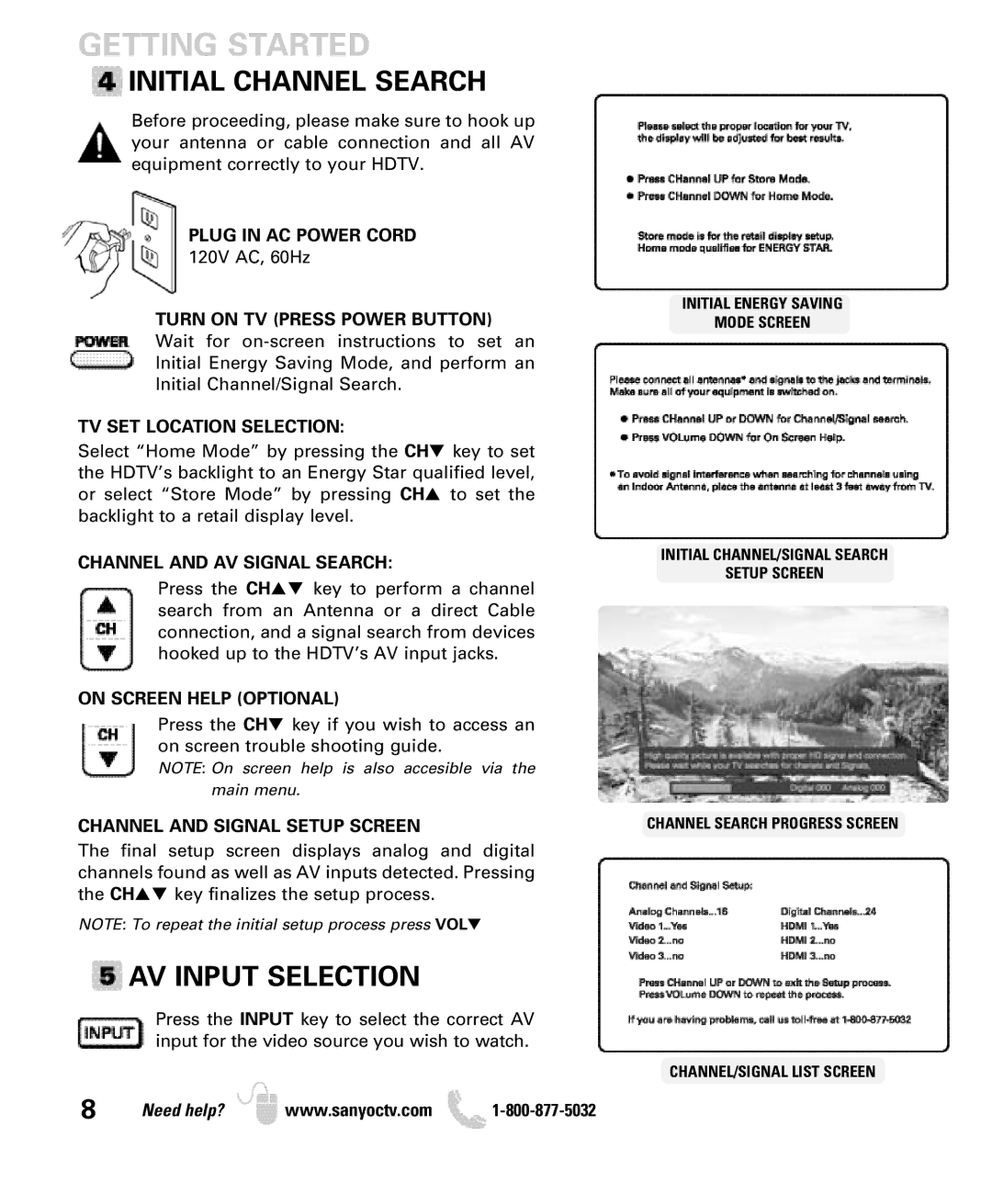 Sanyo DP42840, DP46840 manual Initial Channel Search, AV Input Selection 