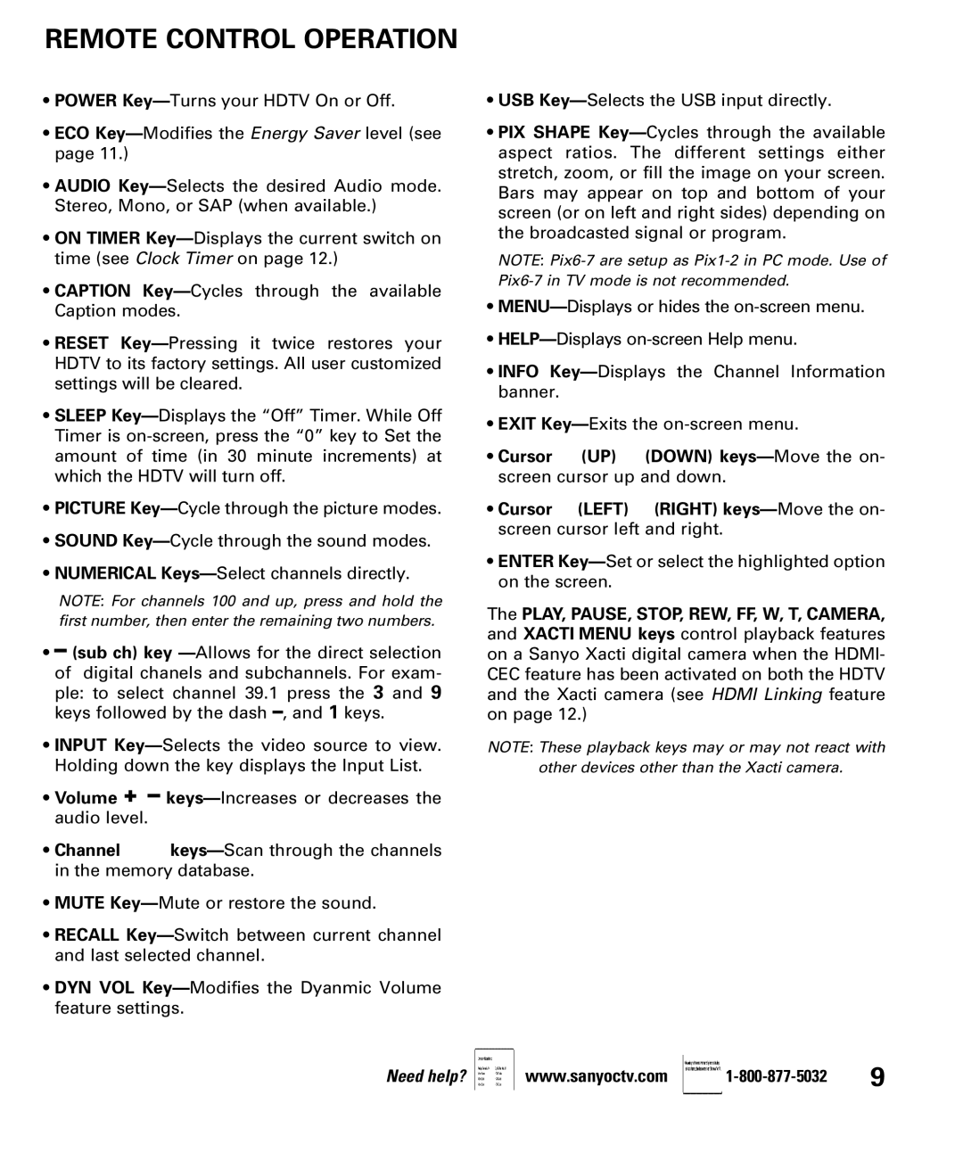 Sanyo DP46840, DP42840 manual Remote Control Operation 