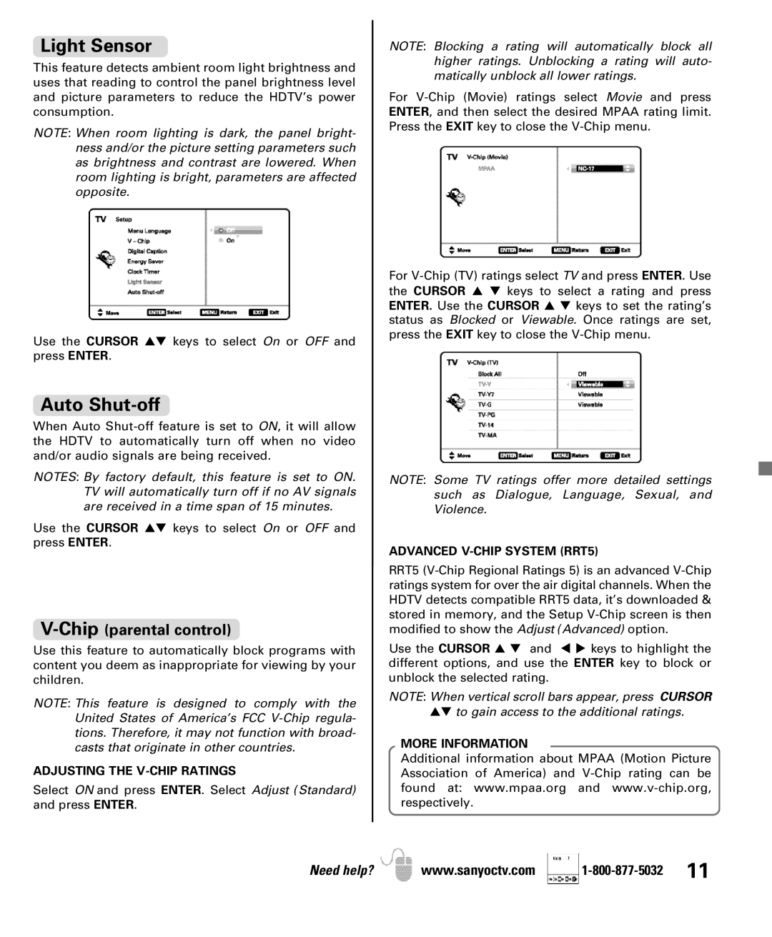 Sanyo DP46841 Light Sensor, Auto Shut-off, Adjusting the V-CHIP Ratings, Advanced V-CHIP System RRT5, More Information 