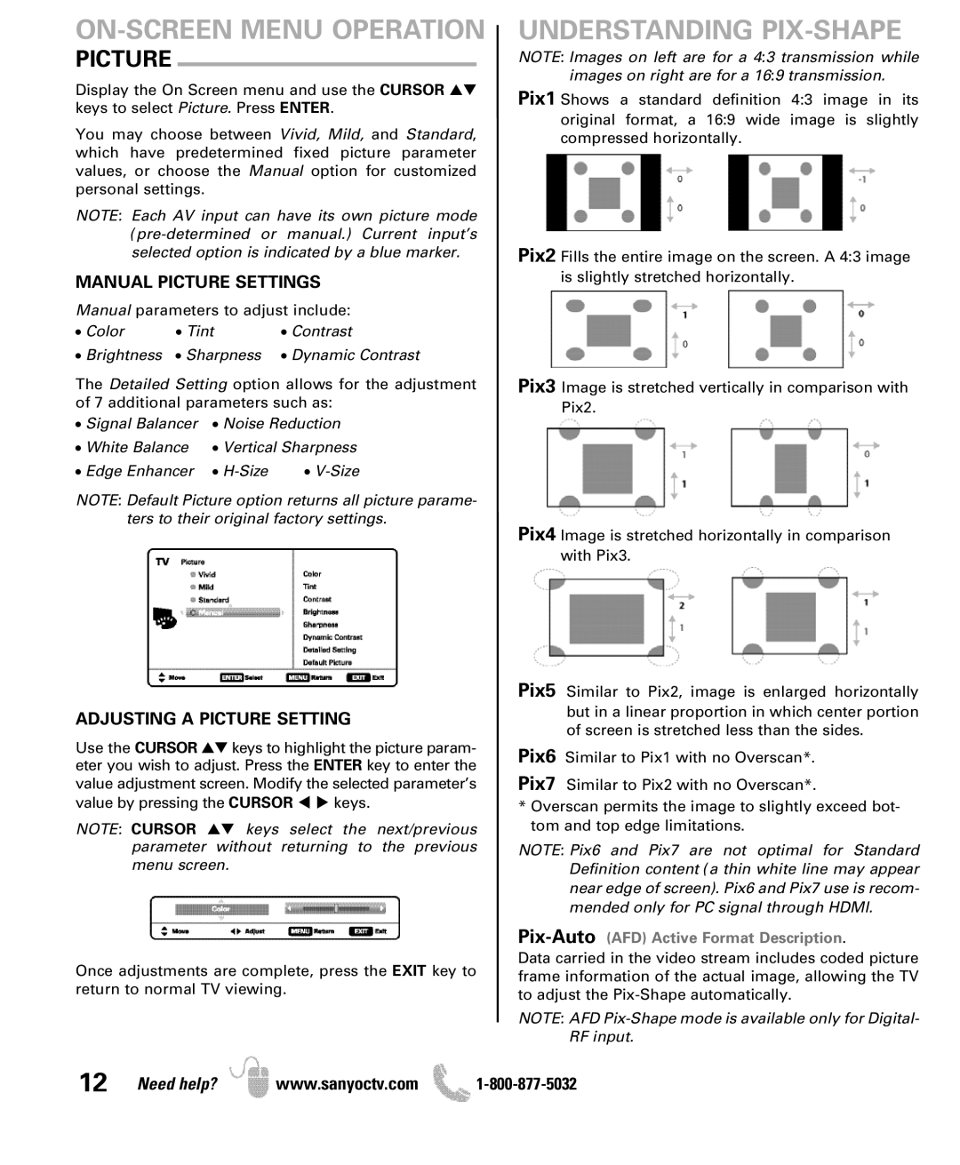 Sanyo DP42841, DP46841 manual Understanding PIX-SHAPE, Manual Picture Settings, Adjusting a Picture Setting 