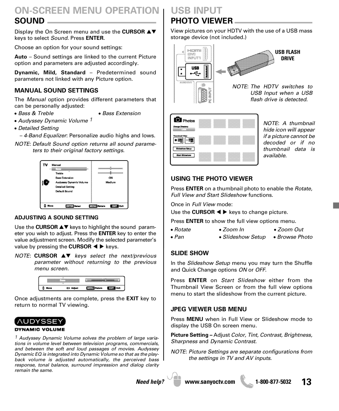 Sanyo DP46841, DP42841 manual USB Input, Sound, Photo Viewer 