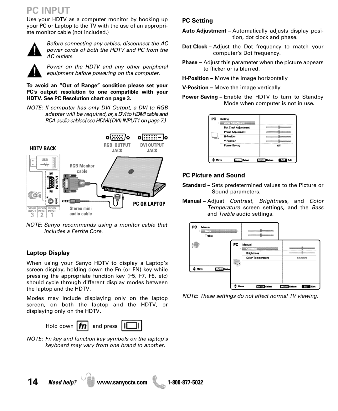 Sanyo DP42841, DP46841 manual PC Input, PC Setting, Laptop Display, PC Picture and Sound, PC or Laptop 