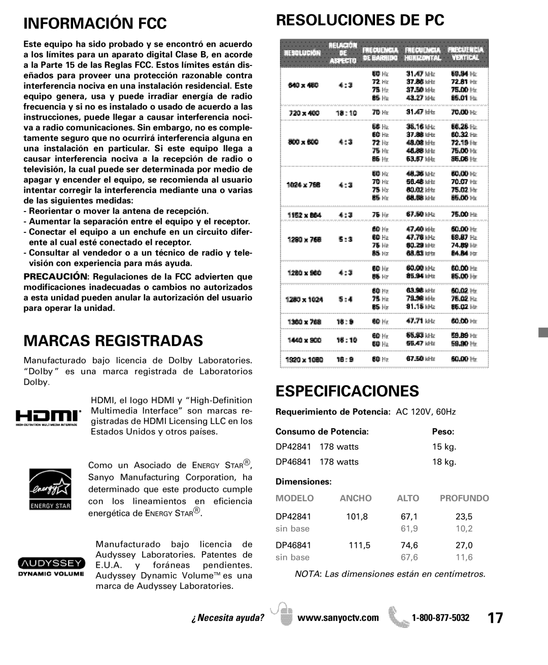 Sanyo DP46841, DP42841 manual Información FCC, Marcas Registradas, Resoluciones DE PC Especificaciones 