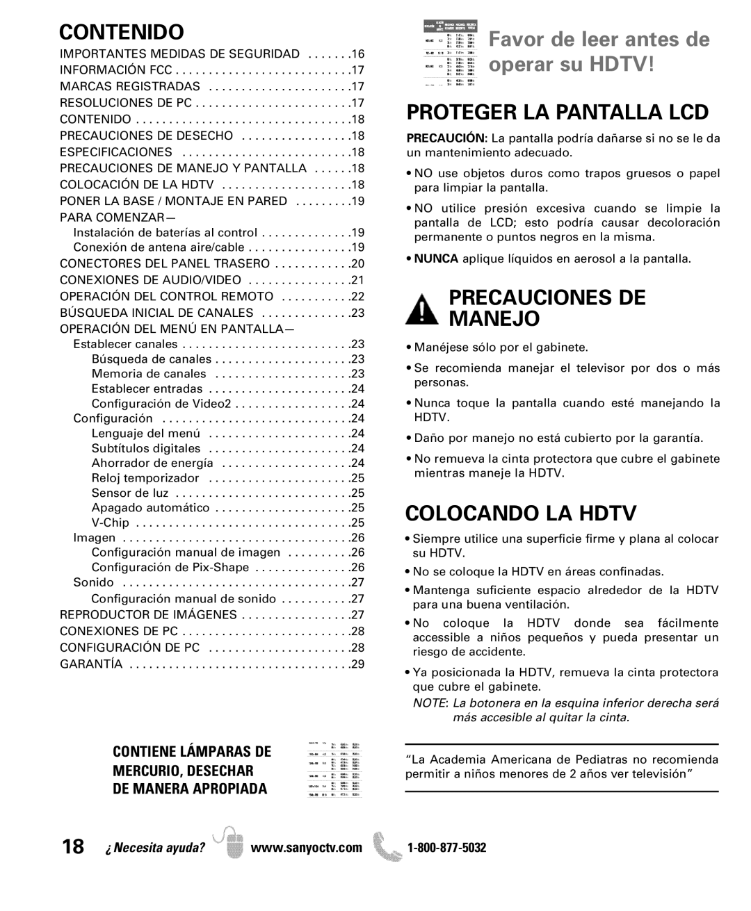 Sanyo DP42841, DP46841 manual Contenido, Proteger LA Pantalla LCD, Precauciones DE Manejo, Colocando LA Hdtv 