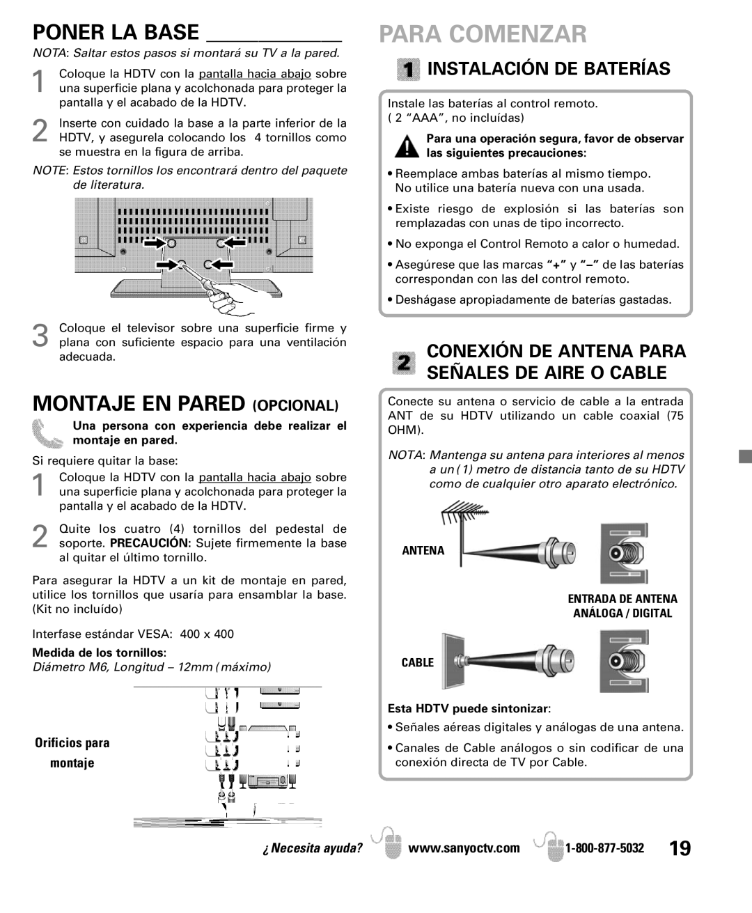 Sanyo DP46841, DP42841 Montaje EN Pared Opcional, Instalación DE Baterías, Conexión DE Antena Para Señales DE Aire O Cable 