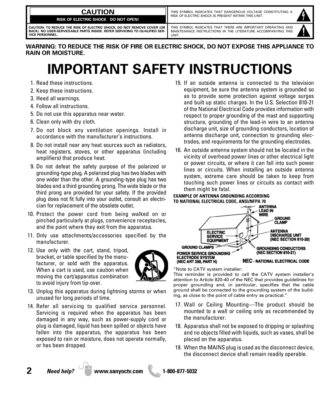 Sanyo DP42841, DP46841 manual Important Safety Instructions 