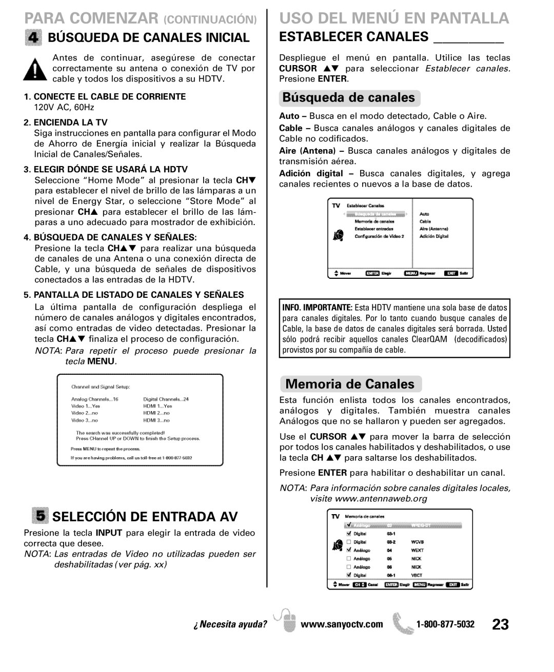 Sanyo DP46841, DP42841 Para Comenzar Continuación, USO DEL Menú EN Pantalla, Selección DE Entrada AV, Establecer Canales 