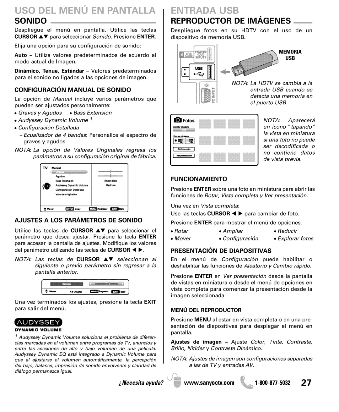 Sanyo DP46841, DP42841 manual Entrada USB, Sonido, Reproductor DE Imágenes 