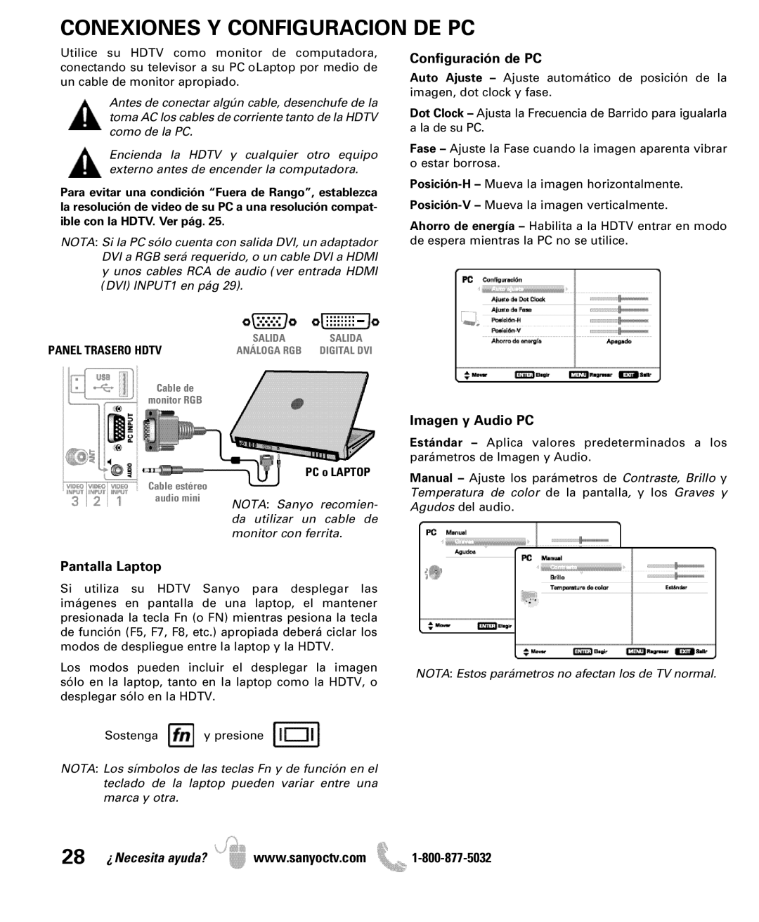 Sanyo DP42841, DP46841 manual Conexiones Y Configuracion DE PC, Configuración de PC, Imagen y Audio PC, Pantalla Laptop 