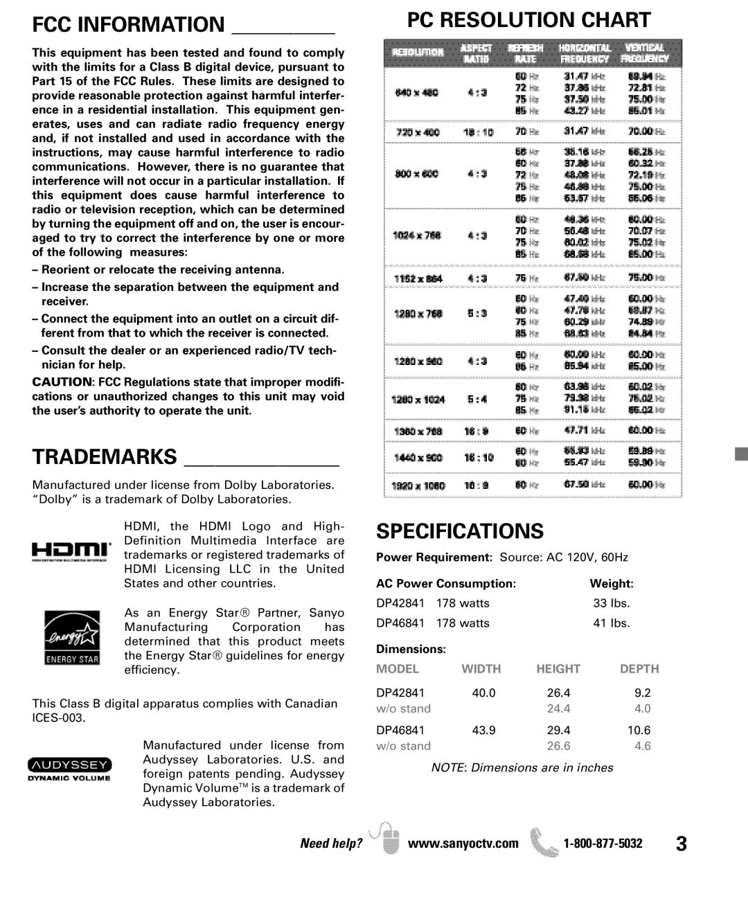 Sanyo DP46841, DP42841 manual FCC Information, PC Resolution Chart Specifications 