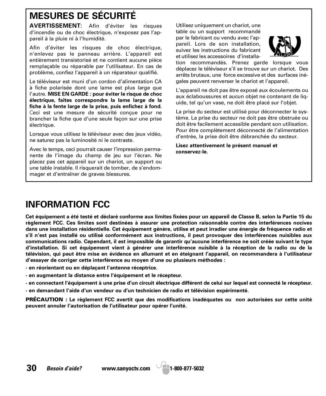 Sanyo DP42841, DP46841 manual Mesures DE Sécurité, Information FCC 