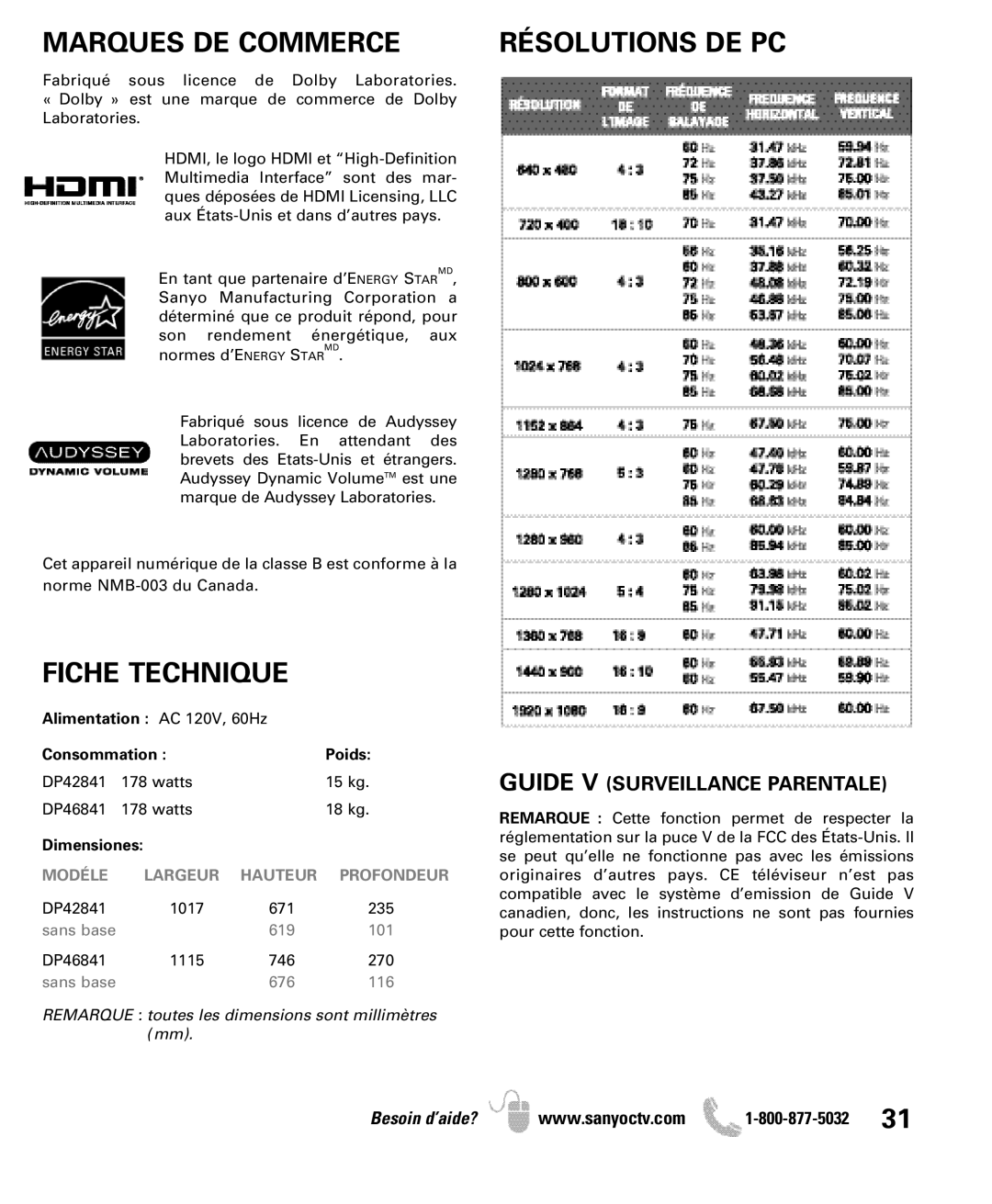 Sanyo DP46841, DP42841 manual Marques DE Commerce, Fiche Technique, Résolutions DE PC 