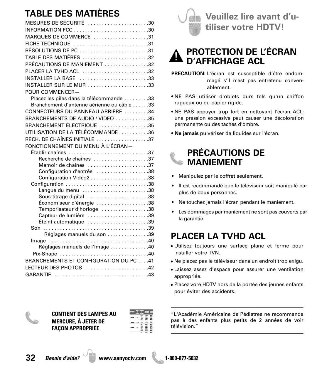 Sanyo DP42841, DP46841 manual Table DES Matières, Précautions DE Maniement, Placer LA Tvhd ACL 