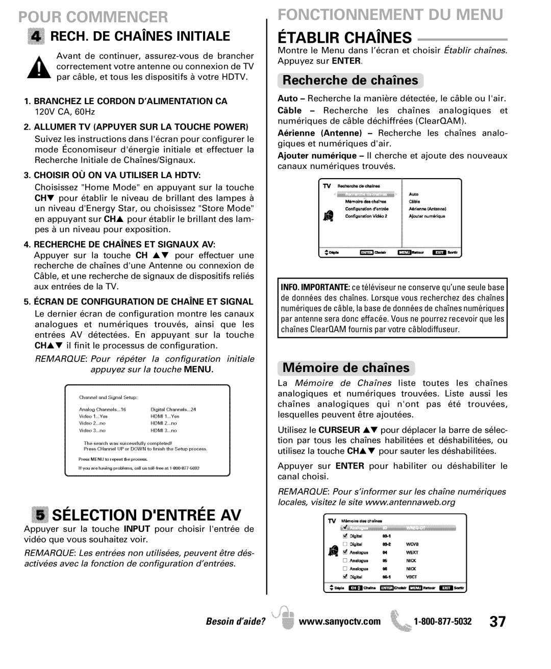 Sanyo DP46841, DP42841 manual Sélection Dentrée AV, Fonctionnement DU Menu, Établir Chaînes, RECH. DE Chaînes Initiale 