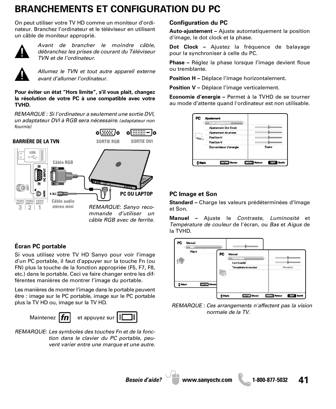 Sanyo DP46841, DP42841 manual Branchements ET Configuration DU PC, Configuration du PC, PC Image et Son, Écran PC portable 