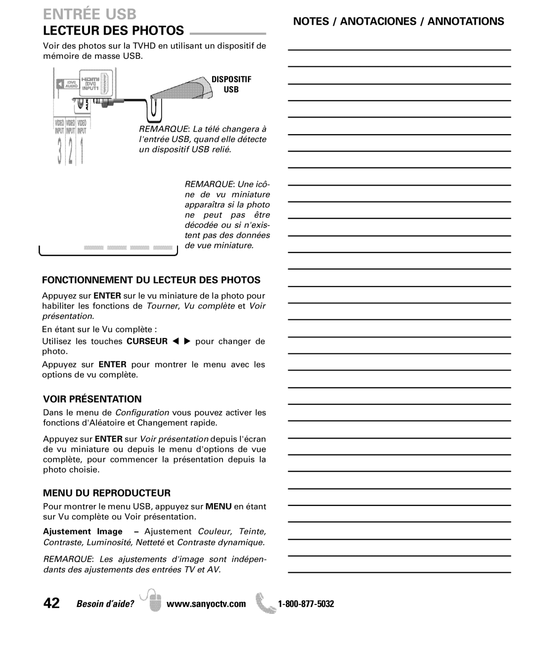 Sanyo DP42841, DP46841 manual Entrée USB, Fonctionnement DU Lecteur DES Photos, Voir Présentation, Menu DU Reproducteur 