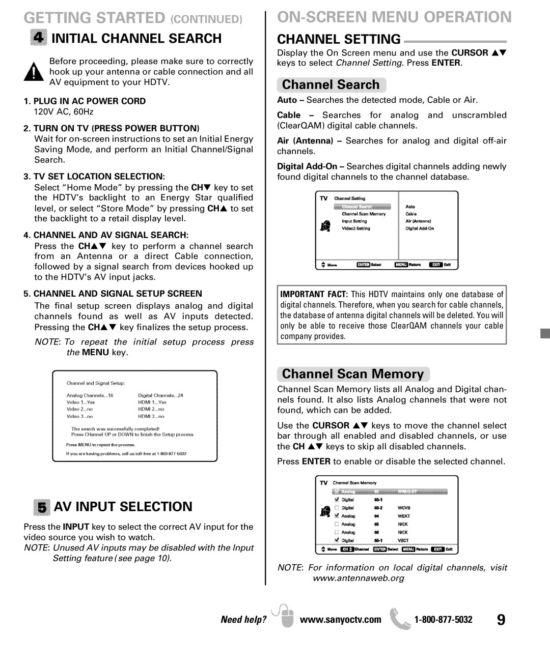 Sanyo DP46841, DP42841 manual ON-SCREEN Menu Operation, Initial Channel Search, AV Input Selection, Channel Setting 