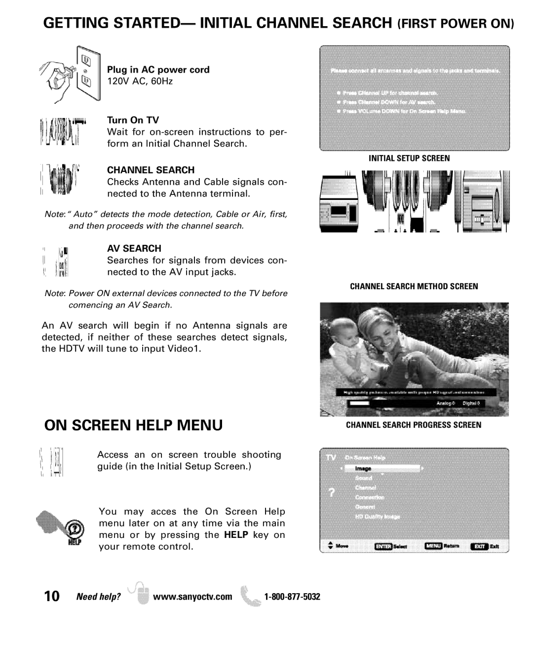 Sanyo DP46849, DP42849, DP52449 manual Getting STARTED- Initial Channel Search First Power on, On Screen Help Menu, AV Search 