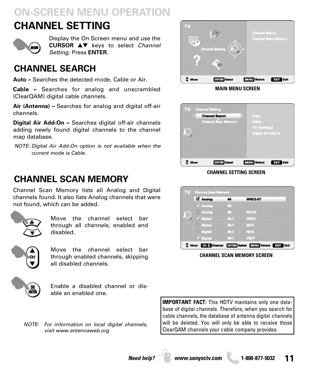 Sanyo DP52449, DP42849, DP46849 ON-SCREEN Menu Operation Channel Setting, Channel Search, Channel Scan Memory Screen 