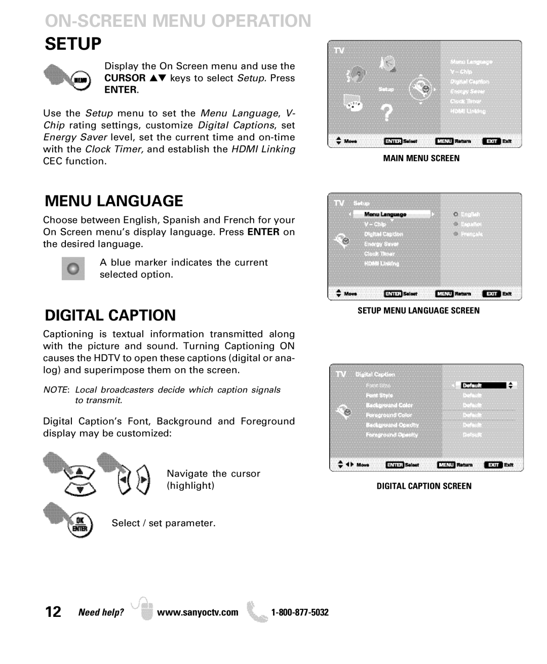 Sanyo DP42849, DP46849, DP52449 manual ON-SCREEN Menu Operation, Menu Language, Digital Caption, Enter, CEC function 