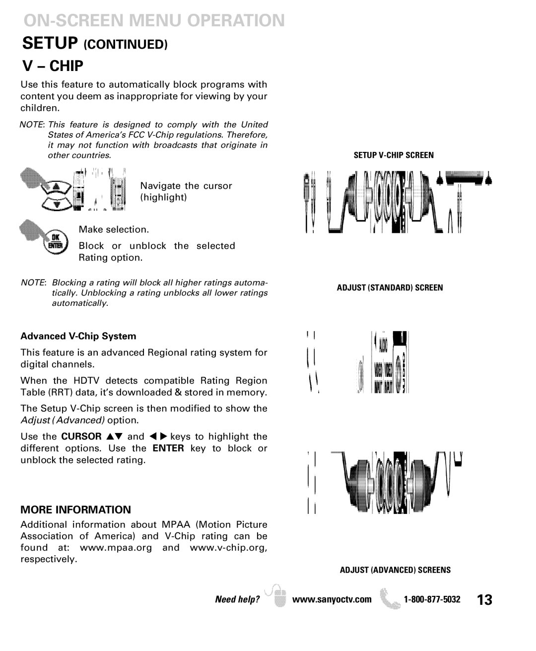 Sanyo DP46849, DP42849, DP52449 manual Setup, More Information, Advanced V-Chip System 