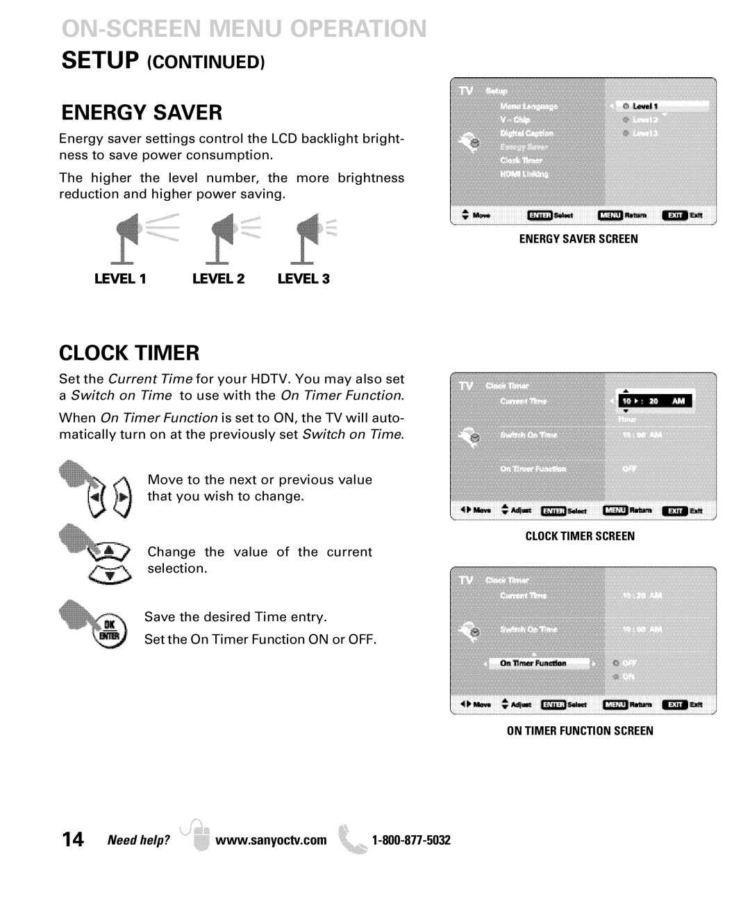 Sanyo DP52449, DP42849, DP46849 manual Energy Saver, Clock Timer, Level 