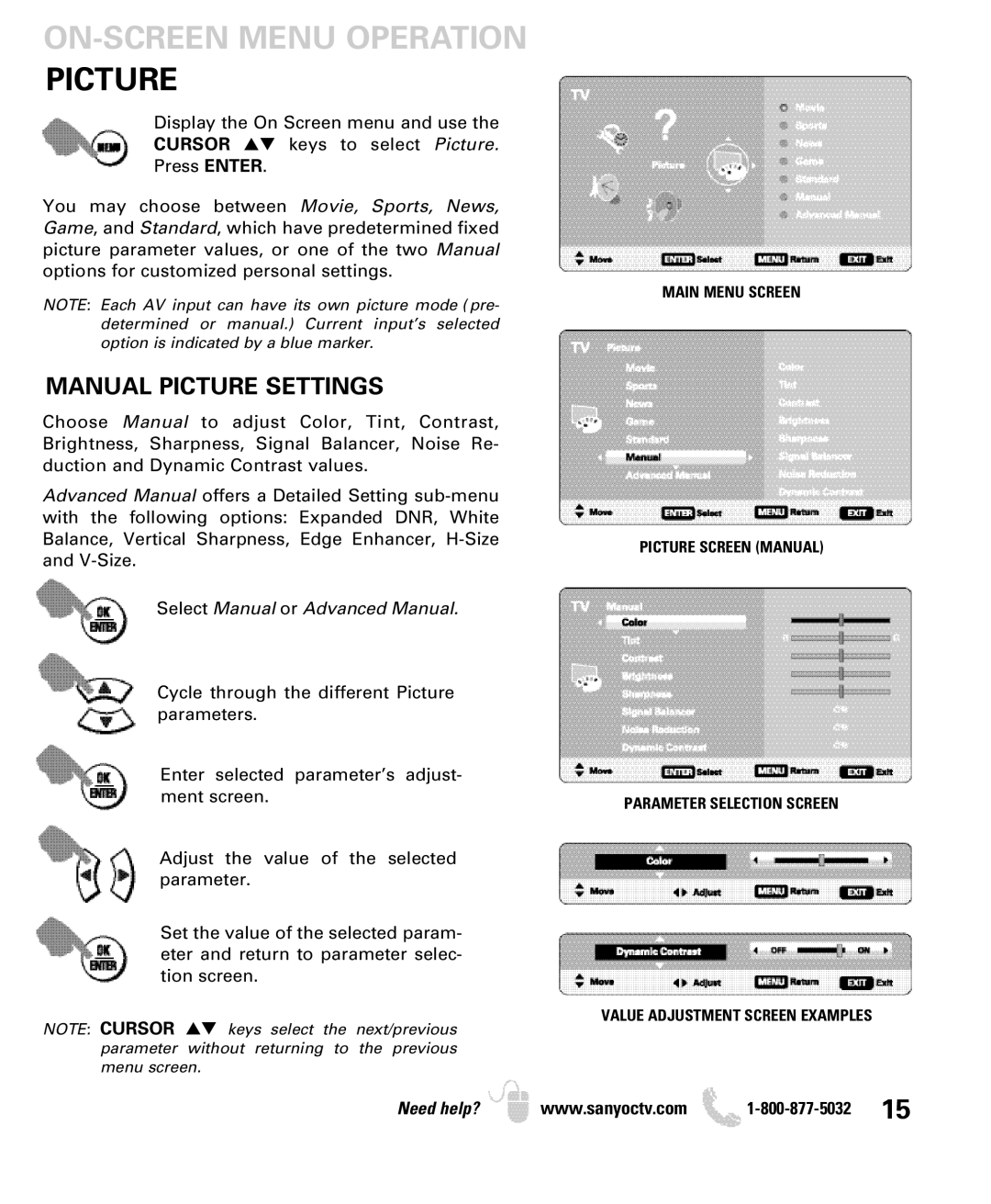 Sanyo DP42849, DP46849, DP52449 ON-SCREEN Menu Operation Picture, Manual Picture Settings, Value Adjustment Screen Examples 