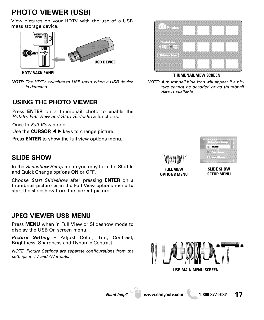 Sanyo DP52449, DP42849, DP46849 manual Photo Viewer USB, Using the Photo Viewer, Slide Show, Jpeg Viewer USB Menu 