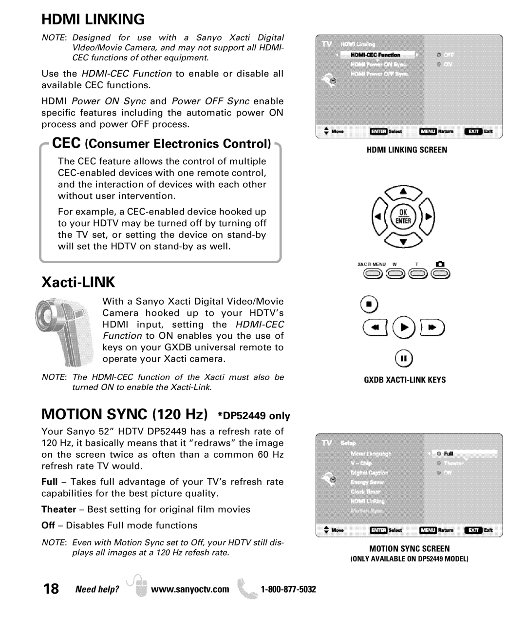 Sanyo DP42849, DP46849, DP52449 manual Hdmi Linking Screen Gxdb XACTI-LINK Keys Motion Sync Screen 