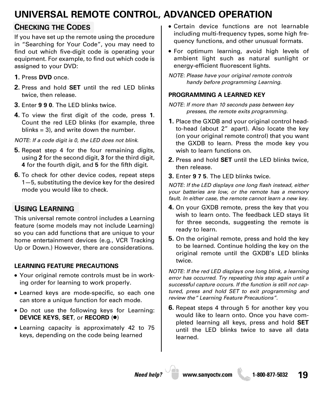 Sanyo DP46849 Universal Remote CONTROL, Advanced Operation, Checking the Codes, Using Learning, Programming a Learned KEY 