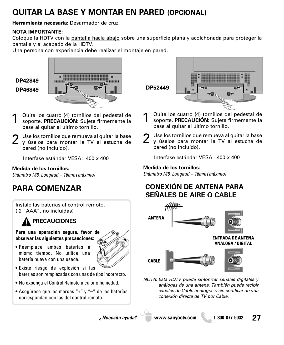 Sanyo DP42849 Quitar LA Base Y Montar EN Pared Opcional, Para Comenzar, Conexión DE Antena Para Señales DE Aire O Cable 