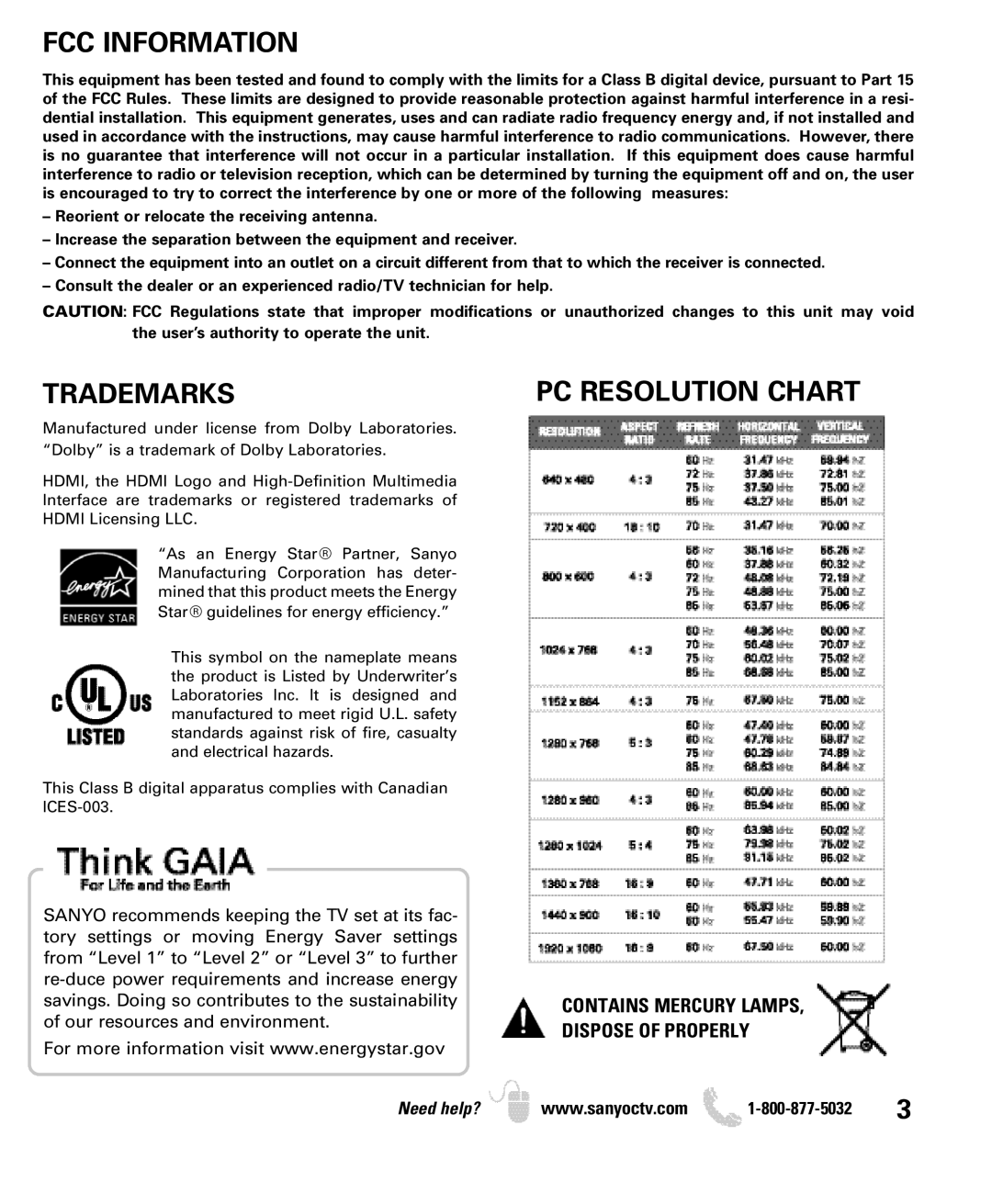 Sanyo DP42849, DP46849 manual FCC Information, Trademarks, PC Resolution Chart, Contains Mercury Lamps Dispose of Properly 