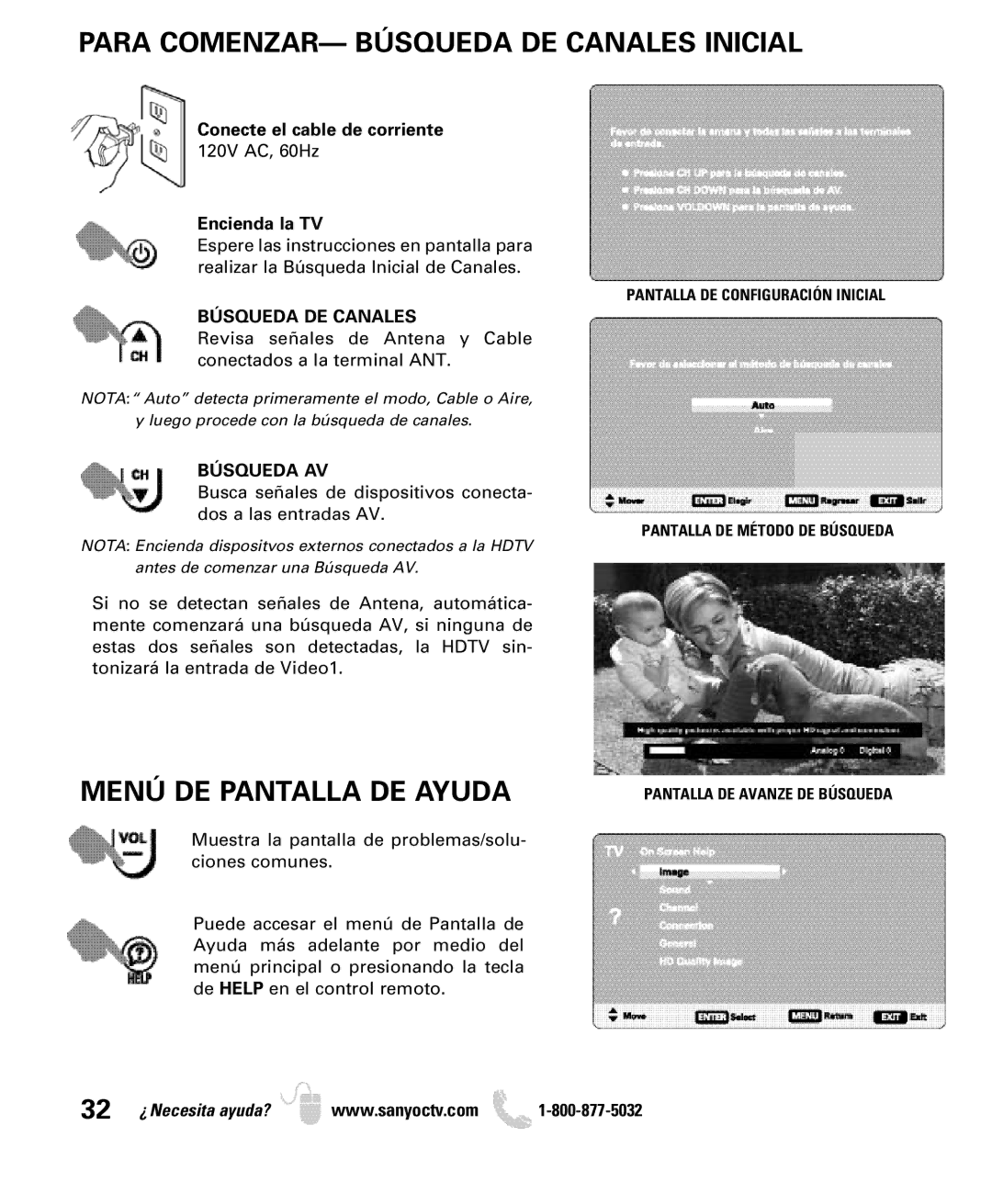 Sanyo DP52449, DP42849, DP46849 manual Para COMENZAR- Búsqueda DE Canales Inicial, Menú DE Pantalla DE Ayuda, Búsqueda AV 