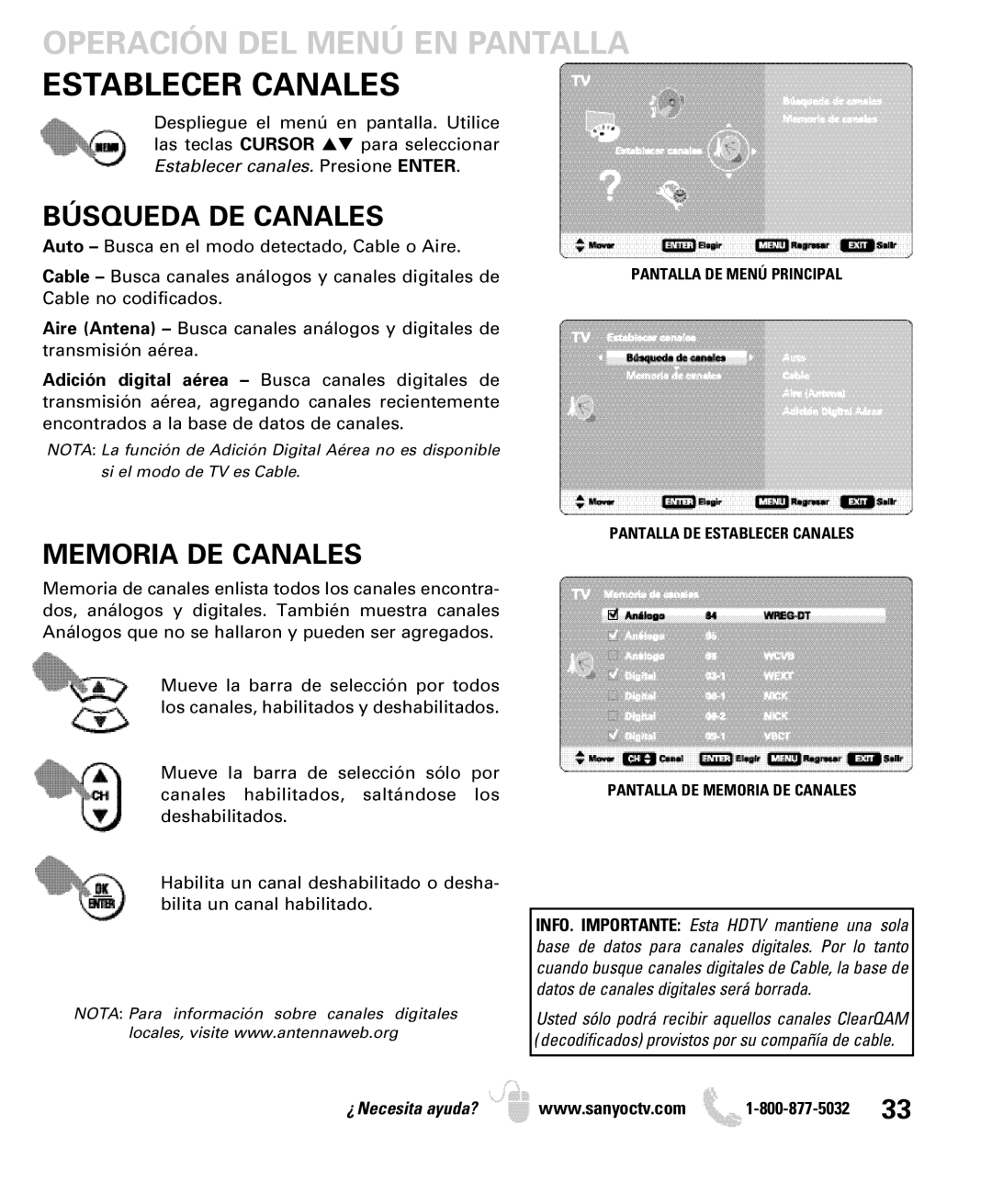 Sanyo DP42849 Operación DEL Menú EN Pantalla, Búsqueda DE Canales, Memoria DE Canales, Pantalla DE Establecer Canales 